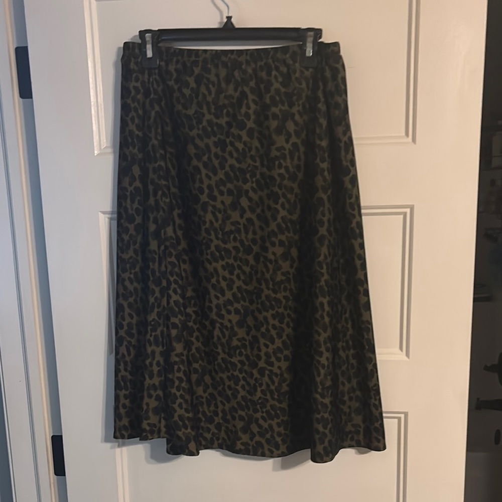 Banana Republic Factory Olive Green Satin  Leopard Print A-Line Skirt